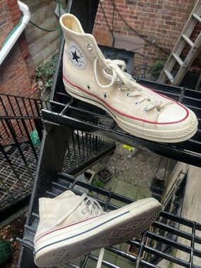 Converse High Top Sneakers - Beige with Red & Black Stripes